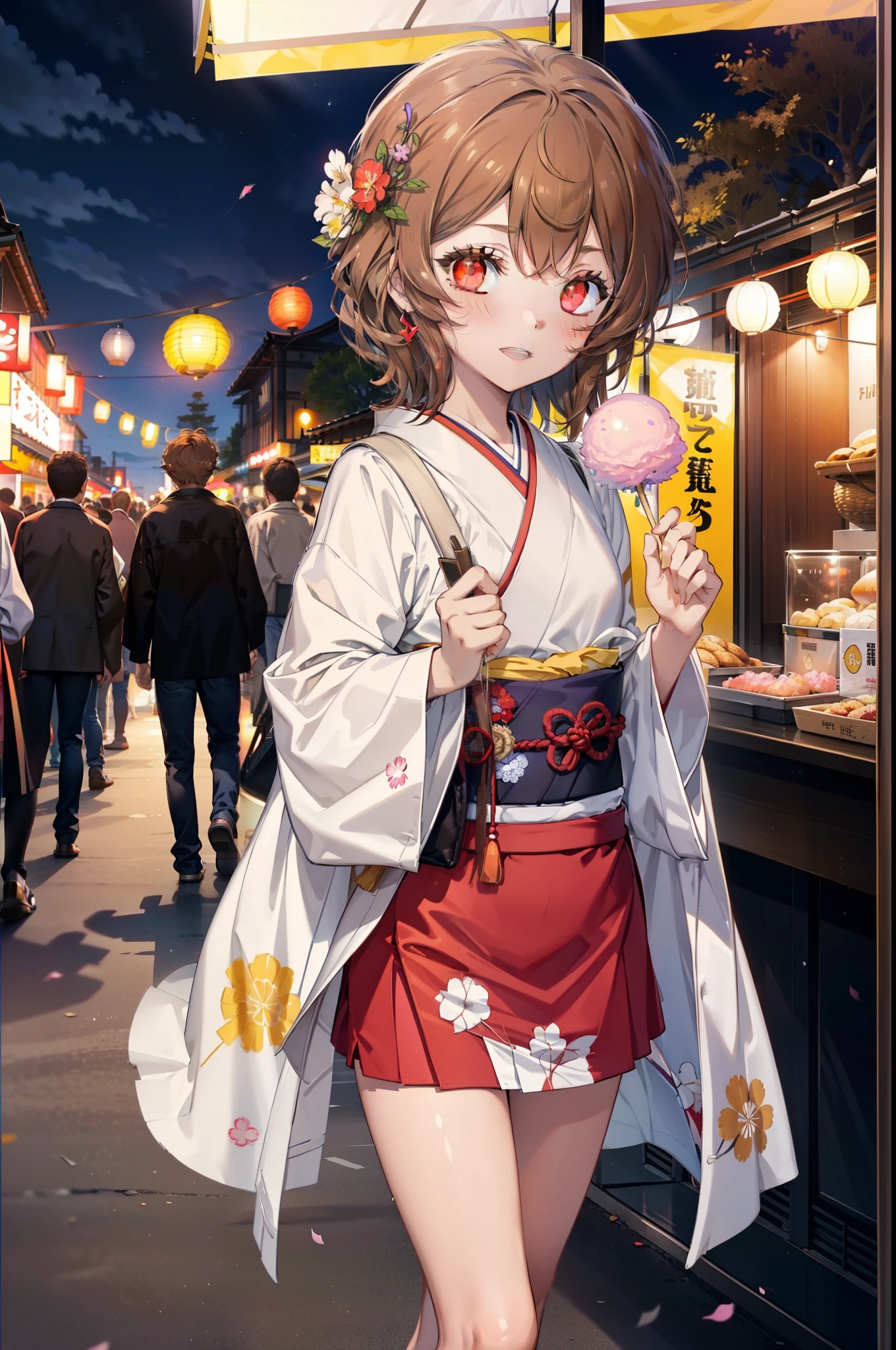 Lililukarde, (Brown eyes:1.7), Brown Hair, (Flat Chest:1.2), short hair,smile,blush,Open your mouth,night,Brown kimono,mini skirt,He is holding cotton candy in his right hand and a clear bag full of cotton candy in his left hand.,Japanese Festivals,Summer festival food stalls,Red lantern,whole bodyがイラストに入るように,
break looking at viewer,whole body, (Cowboy Shot:1. 5),
break outdoors, Veranda,
break (masterpiece:1.2), Highest quality, High resolution, unity 8k wallpaper, (figure:0.8), (Beautiful attention to detail:1.6), Highly detailed face, Perfect lighting, Highly detailed CG, (Perfect hands, Perfect Anatomy),