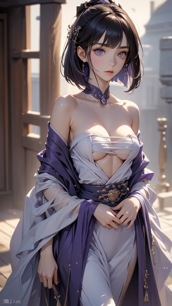(masterpiece:1.3), ((Best quality at best)) , (disorganized:1.3), (highest quality:1.3),(perfect anatomy:1.5),Super detailed:1.3),(best shadow:0.7),(Ultra high resolution), extremely detailed texture, sharp focus, realistic lighting, cinematic quality, photorealistic details, smooth shading, fine grain, high dynamic range, 8K quality, exquisite clarity, ((no exposed body parts:1.3)), ((fully clothed)), ((no nudity)), ((decent clothing)), ((covered up)),perfect finger,(detailed face), solo, fine eyes, beautiful eyes, , Exquisite facial features, Interlacing of light and shadow,anime style, hands well proportioned to the body, arms with good anatomy, rest outdoors, intimidating pose, straight waist, posing standing, ((graduated bob cut:1.1)),(blunt bangs),1 mature woman, ((saggy small breasts)), ((muscular)), dark skin, alone, standing, closed_mouth, cowboy shot, purple hair, purple eyes, MiJungdef,purple eyes,purple hair,long hair,