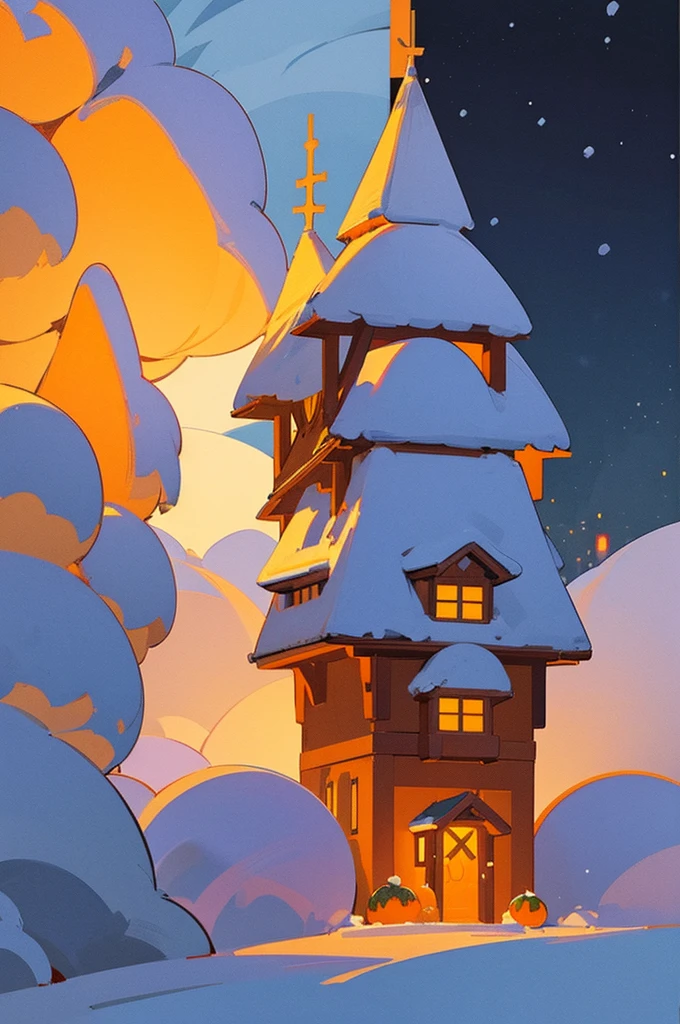 In a vast snow-covered landscape、Create a pixel art drawing that incorporates Halloween and Christmas elements。Snow-covered streets and buildings、Christmas tree and pumpkin objects、Include elements that will give a festive feel.。Also、The overall color scheme is unified in cool colors.、Add some Christmas lights or Halloween orange accents。
