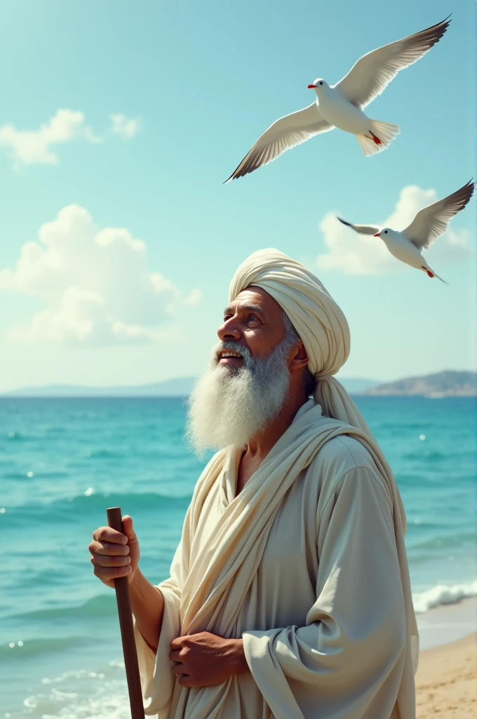 A bearded old man with a white turban on his head, holding a stick, smiling at the sky, by the sea, birds flying around, only water and water in the distance.