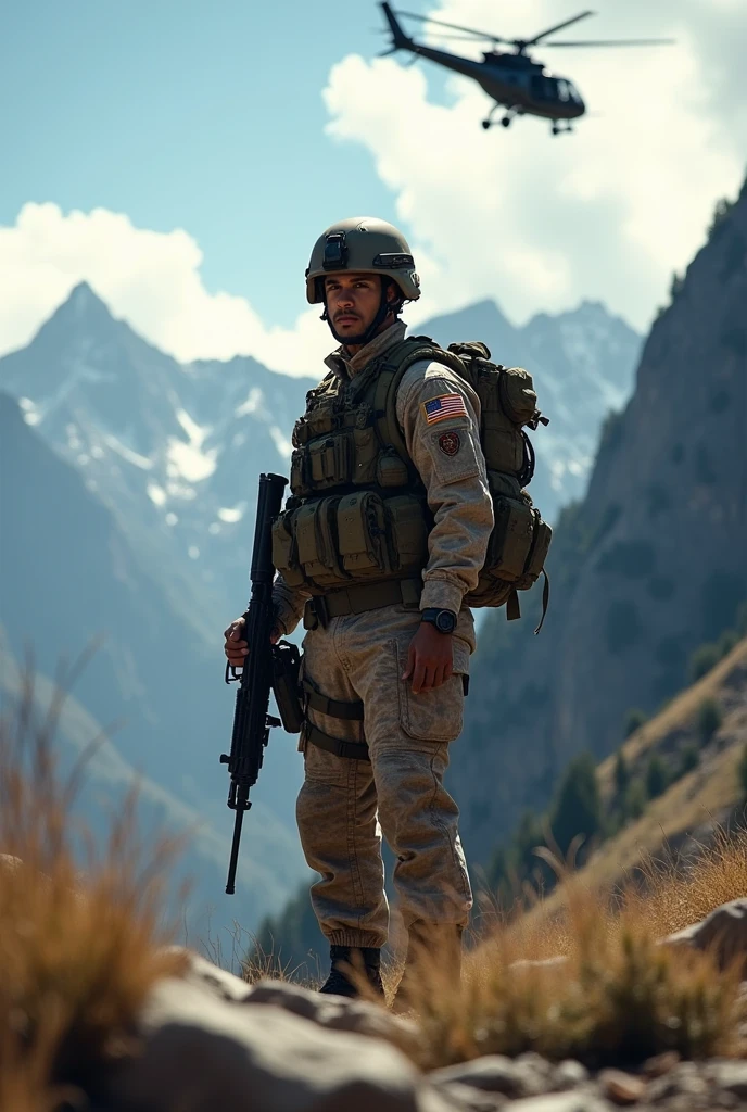 Better quality photography ((masterpiece))
A soldier standing firm, has a helmet, pass mountain, the rifle and military backpack, and a helicopter flying through the air The soldier has the surname Gutiérrez on his chest