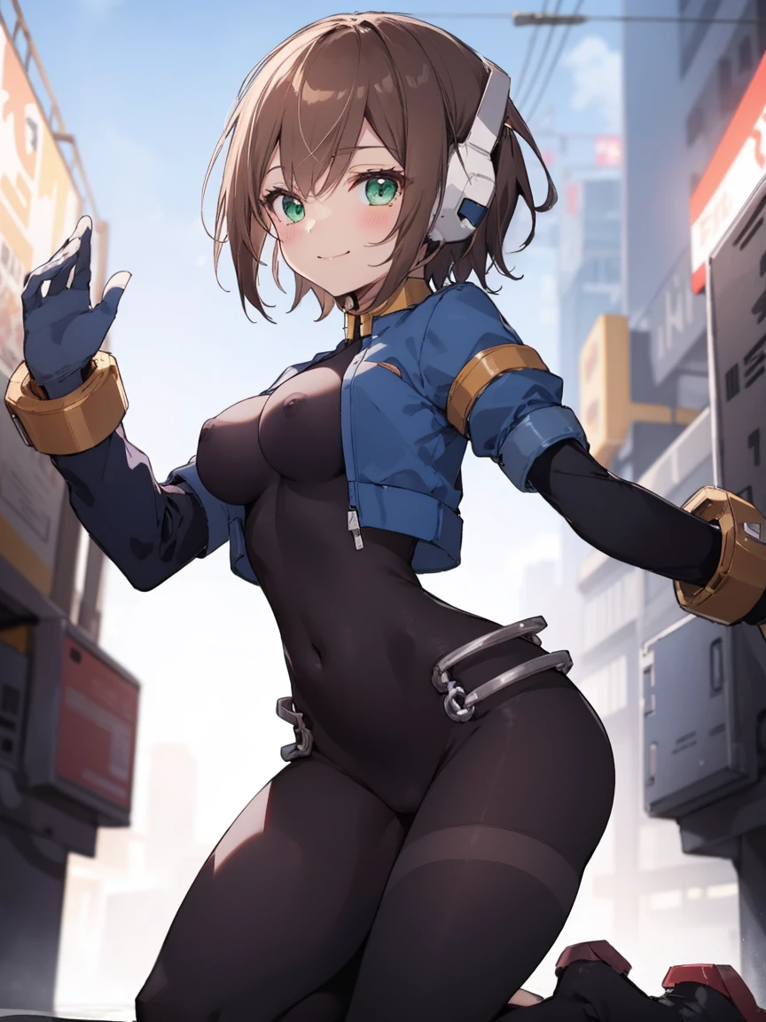 Family_megamanzx, kneeling with one hand on the floor and the other arm raised, 1 girl, standing alone, Petite hair, chestnut hair, Petite sleeves, (May), robot ears, greeneyes, lots_Petite_Petites, Petite sleeves, over long sleeves, ssmile, in futuristic city, , high qualiy, average_breastsout,crotch, slouch,crotch, back, is