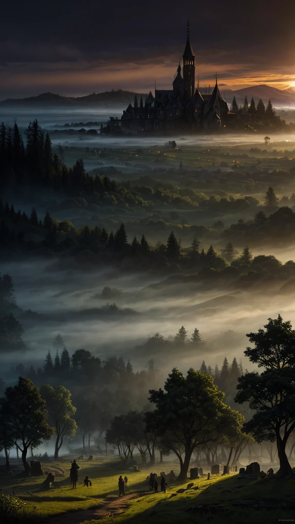 realistic dark oil painting of a medieval village at sunrise, moss, mist, misty, Eyeshadow, misterious, myth, dark, Light shining through the forest, surrounding, Depth of Field, Volumetric Lighting, Movie Lighting, Moody, heavy darkness, Black sky, low angle perspective, Courtesy of Evander Earle