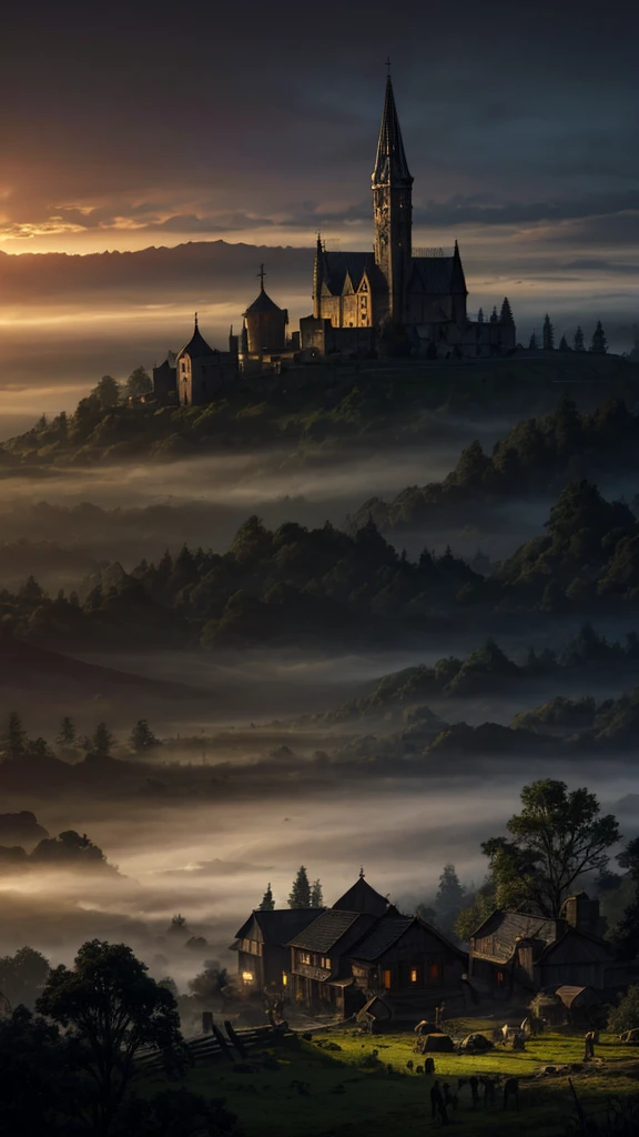 realistic dark oil painting of a medieval village at sunrise, moss, mist, misty, Eyeshadow, misterious, myth, dark, Light shining through the forest, surrounding, Depth of Field, Volumetric Lighting, Movie Lighting, Moody, heavy darkness, Black sky, low angle perspective, Courtesy of Evander Earle