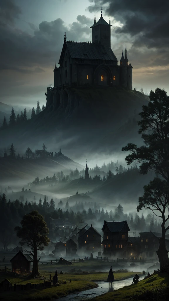 realistic dark oil painting of a medieval village at sunrise, moss, mist, misty, Eyeshadow, misterious, myth, dark, Light shining through the forest, surrounding, Depth of Field, Volumetric Lighting, Movie Lighting, Moody, heavy darkness, Black sky, low angle perspective, Courtesy of Evander Earle