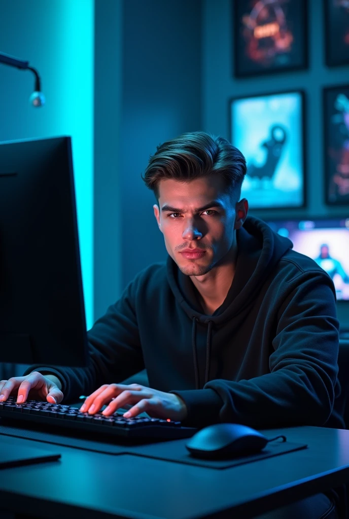 A handsome 2 young man is looking directly at the camera from a frontal perspective in a dark gaming room. The environment is illuminated by soft blue LED lights, casting a cool glow around him. He is sitting at a sleek gaming desk filled with high-tech equipment, including a gaming monitor, keyboard, and mouse. The background features various gaming posters and futuristic decor, enhancing the immersive atmosphere of the space. His expression is focused and engaged, reflecting the intensity of his gaming experience.