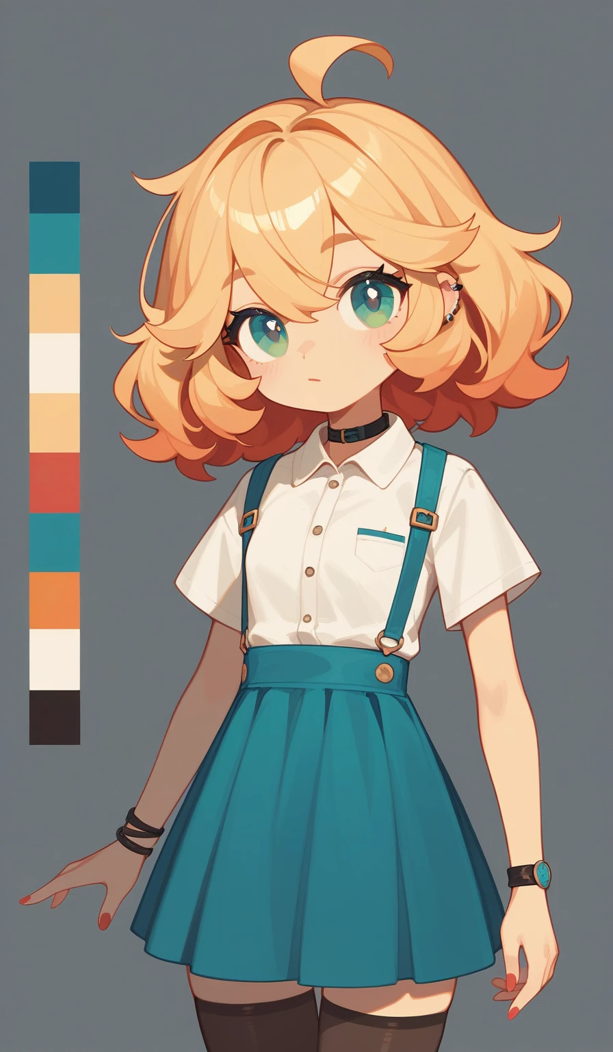 (masterpiece, The best quality at its best:1.2), alone、whole body、front、Character Sheet、Droopy eyes、one's junior、cool、Quiet、Sailor suit、mini skirt、High quality anime art、Character Sheet、Character Design、Converse sneakers、Gal、Dog-like girlfriend、front、whole bodyデザイン、Chestnut-like mouth、ponytail、Galゲームのデザイン、cute、6.5 heads、uniform