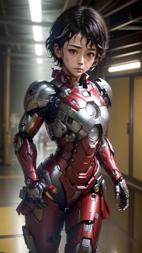 Highest quality 8k Iron Man suit girl Elementary school girl Sweaty face cute short hair boyish Steam coming from the head My hair is wet with sweat Black hair feel Full body portrait