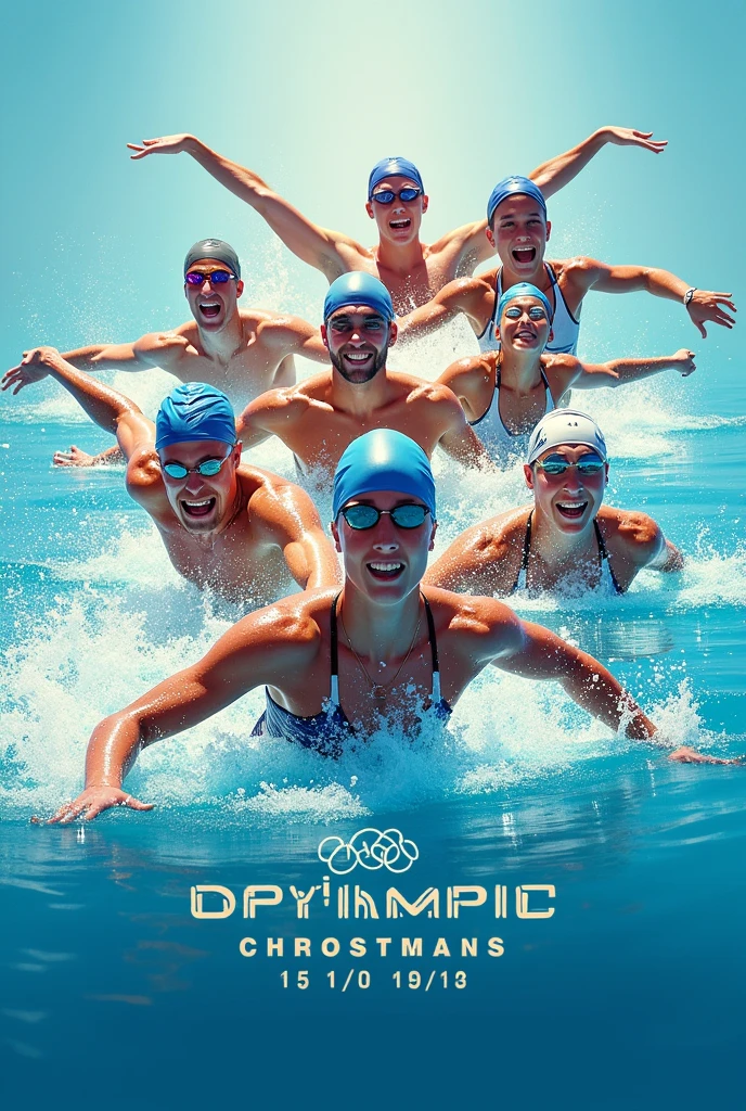 Design a poster for an event that provides a platform for the specially-abled to showcase their talents to the broader, more privileged society. In this show some Paralympic athletes playing swimming (show multiple players in one frame while swimming in portrait size)(Make it a little light side touch)