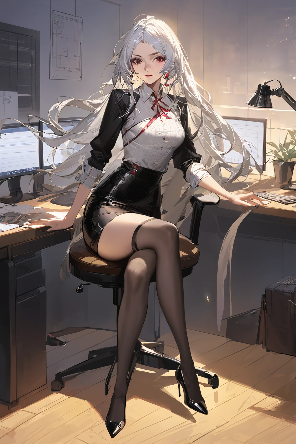 [artist:ciloranko],[[artist:ask(askzy)]],[[[[artist:modare]]]], huangyueying, 1 woman, long hair,solo, white hair, full body, asymmetrical_legwear, one black and one white, one black stocking and one white stocking, uneven_legwear, full_body, looking at viewer, stiletto high heel, medium breasts, legs, crossed legs, sitting, office, crossed ankles, indoors, office chair, monitor, skirt, pencil skirt (((2 legs)))