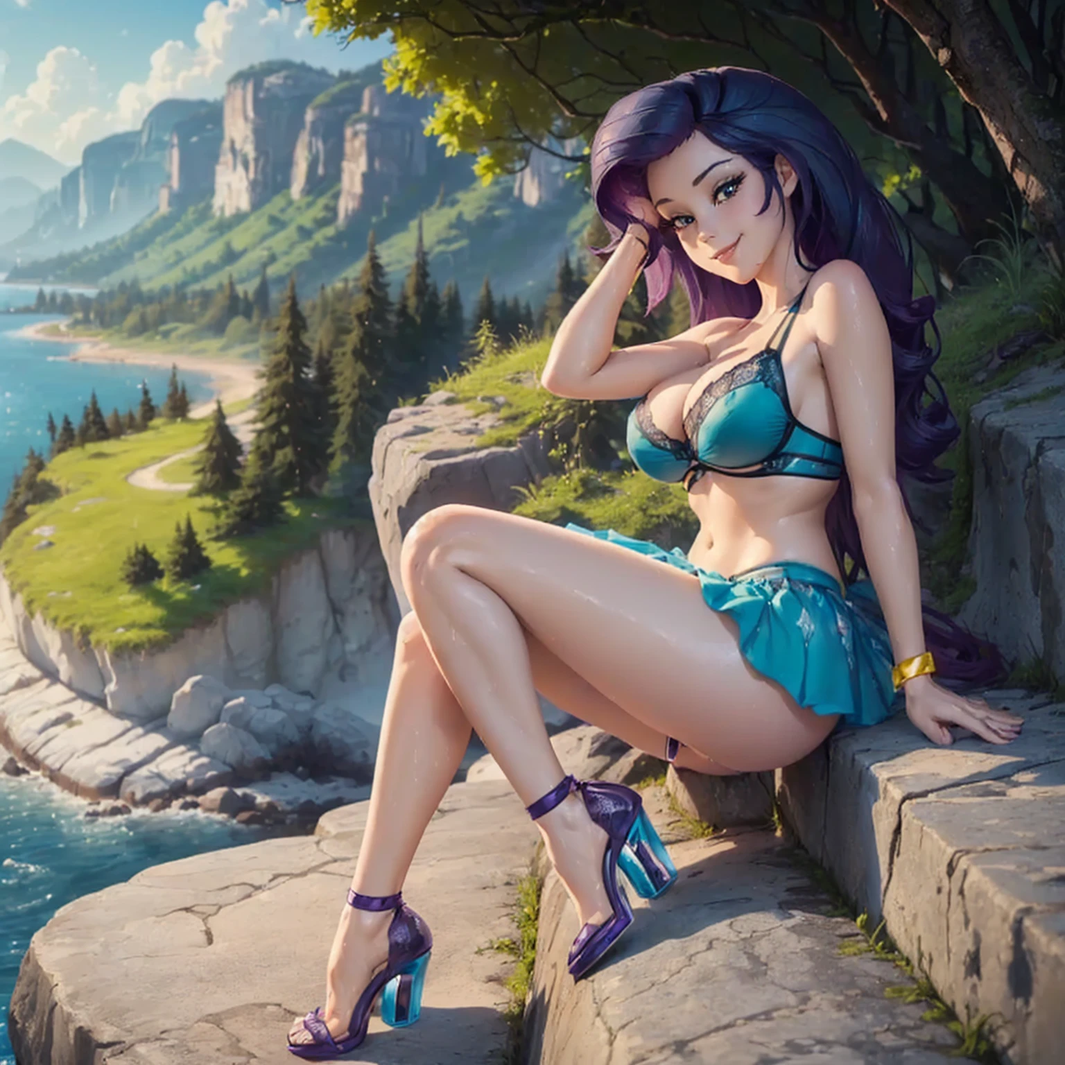 (((beautiful female body))),(((rarity as a sweet charming hot seductive horny girl))), (((very long messy hairs))),(((landscape in background))) ,(((lay on rock next to valley))),(((hands behind head posing))),(((soaked wet))),(((lewd and erotic posing))), (((happy wicked smile))) ,(((wear light blue glass sheer lace bikini))) , (((((upskirt exposed vagina))))),(((vagina is visible))),breasts are visible , (((wear high heels))) ,(((bare legs))),bracelets , (((perfect big breasts))) , lush breasts , Bulky Breasts , voluminous breasts ,(((peeping the viewer))),(((bare belly))),(((side upskirt view))),((((high heels fetish))))