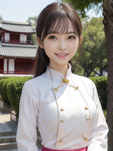 Japanese female, (underweight), (medium bust best quality:1.5), 30 years old, (cheerful grin:1.3),big city, Ao dai