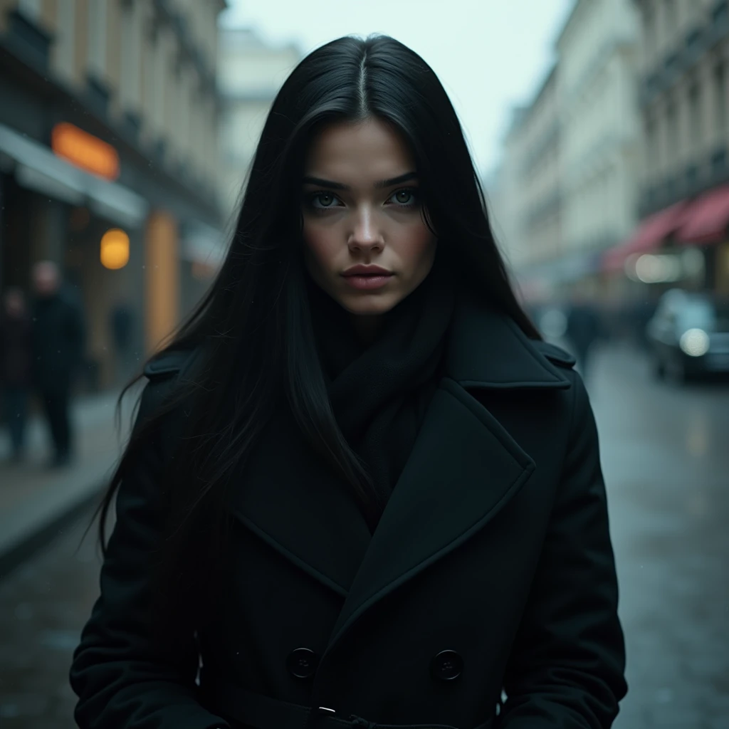woman、30 years old、White、Long Hair、Black Hair、Straight Hair、、Lonely、stoic、intellectual、Cold look、Lonely、mysterious、Muscular、Winter clothes、coat、Streets of Europe