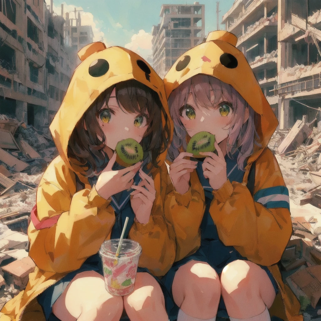 Sitting on the ground eating kiwi、黄色い防災頭巾を着たAnime, Destroyed city and buildings, Anime Style 4 k, Gweiz-style artwork, Anime, Anime Styled digital art, two beautiful Anime, 80年代のAnime Style, Anime Style illustration, Anime Style. 8k, Anime Style artwork, everyone, Anime Wallpaper, Anime Art Wallpapers 8K, 4KAnime Wallpaper