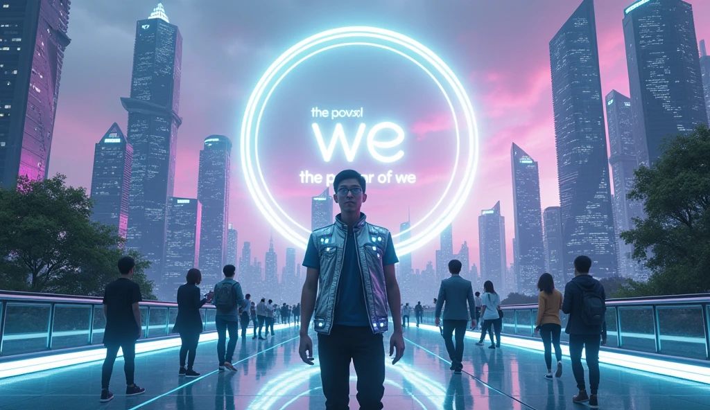 Panoramic ultra-wide angle camera The Epic scene is a sci-fi futuristic city with modern architecture, sprawling trees, and blue-purple LED lights covering the buildings. In the sky, the UrBox logo and the words "The Power of We" shine brightly, right in the center of the image, powerfully in the middle of the scene, with silver, bright purple and green tones, emphasizing the connection between technology and people. Hologram billboards on buildings with the words "JOMO", "URGIFT", "PS", "URSTAFF", "URPOINT", "URCARD". The main character is an Asian male, wearing glasses, wearing a shiny silver tech vest with light glowing details. He stands firmly on the transparent glass bridge, turns his back, leading a group of people holding phones or laptops, in the same direction, holding smartphones,. Blue light beams from technology devices connect people and connect to the entire city