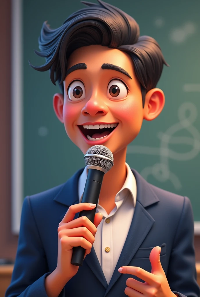 Filipino Teacher holding microphone speaking close up (cartoon)
