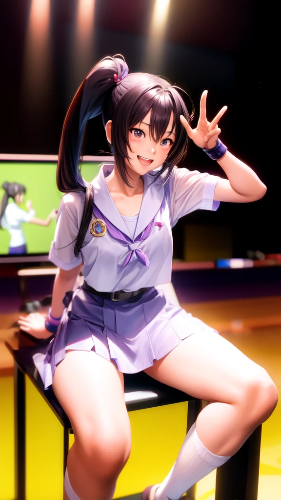 A Thai high school girl in an anime style with long ponytails sits in a karaoke room holding a microphone and singing, while smiling playfully.
Renaissance, anime style, drop shadow, anatomically correct, best quality, UHD, masterpiece, anatomically correct, best quality
