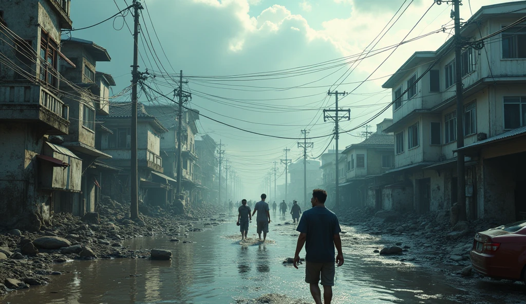 City destroyed by tsunami, chaotic atmosphere everywhere