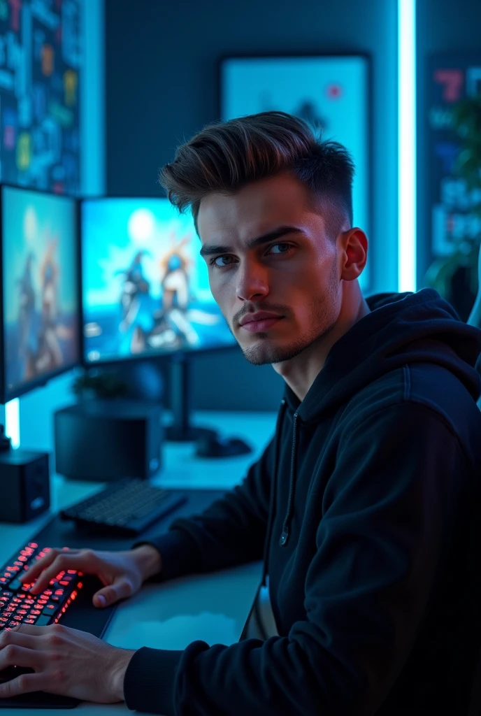 A handsome 2 young man is looking directly at the camera from a frontal perspective in a dark gaming room. The environment is illuminated by soft blue LED lights, casting a cool glow around him. He is sitting at a sleek gaming desk filled with high-tech equipment, including a gaming monitor, keyboard, and mouse. The background features various gaming posters and futuristic decor, enhancing the immersive atmosphere of the space. His expression is focused and engaged, reflecting the intensity of his gaming experience.