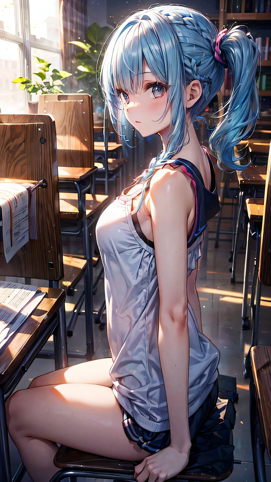 (Light blue hair))((Braids)), (((Left side ponytail))), (Medium breasts), Student