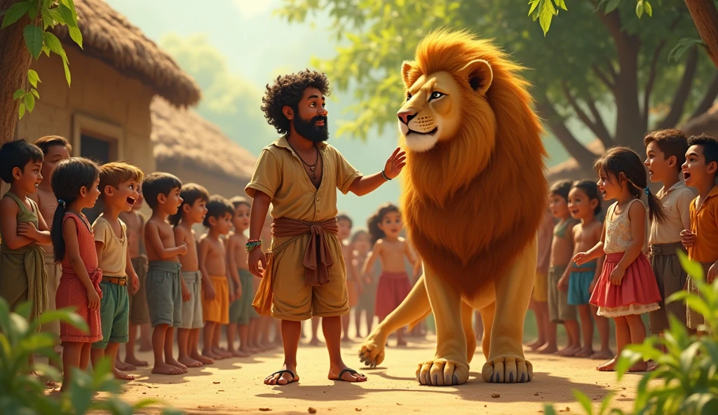Raju brings the lion to his village. People initially look scared but soon see the lion's friendly nature. Children and adults gather around, petting the lion, while Raju explains their friendship."