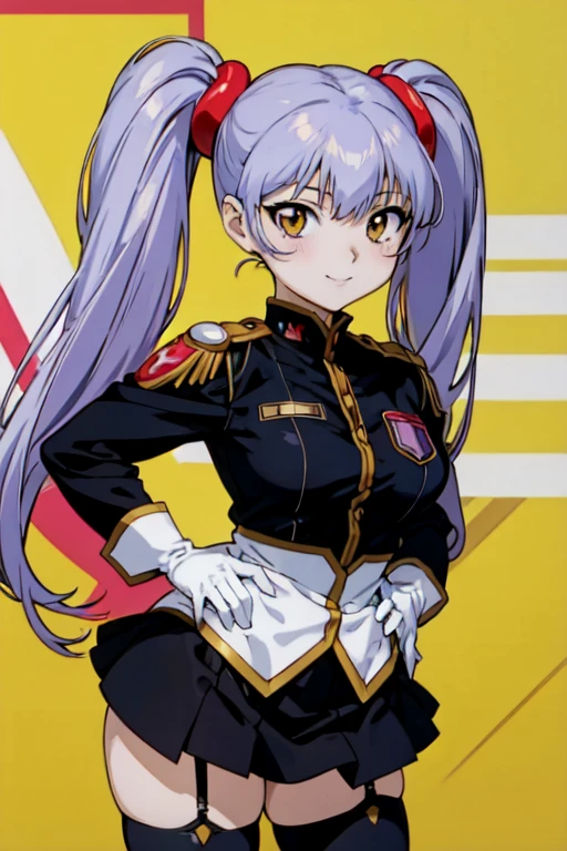 (awe face),    (masterpiece), (best quality), detailed face, anime \(style\), hoshino_ruri_(nadesico), 1girl, looking at viewer, purple hair, yellow eyes, twintails, hair ornament, military, military uniform, white gloves, smile, evil smile, portrait, badge, black skirt, black thighhighs,