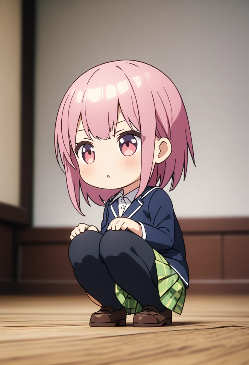 (Highest quality, 4K, 8k, High resolution, masterpiece:1.2), Very detailed, Picturesque, Animated Photography, Photo Animation:1.37)、Japanese girl、(Pink Hair)、(short hair)、(chibi:1.4),white shirt、Yellow-green checkered skirt,(high scool uniform:1.2)、navy blue jacket、squatting、Full body photography、Nakano ichika
