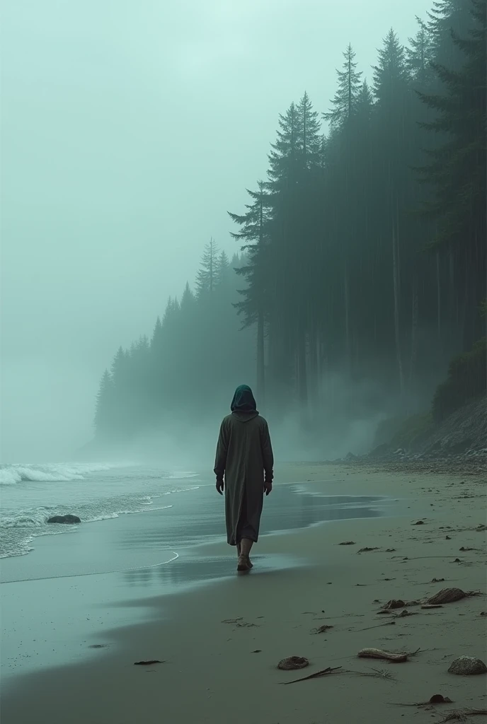 cloudy and rainy day. A person is walking on the beach near a forest