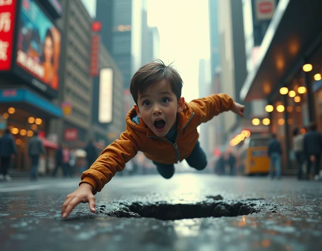 A boy falling through the floor in the city image