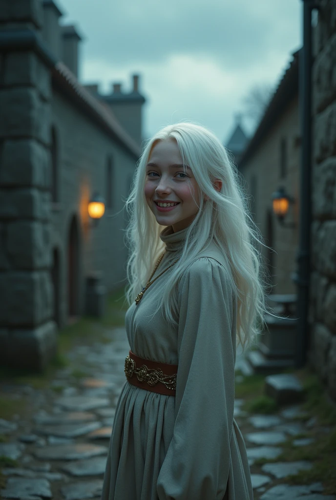 year Teen girl, albino, dark, Middle Ages, happy