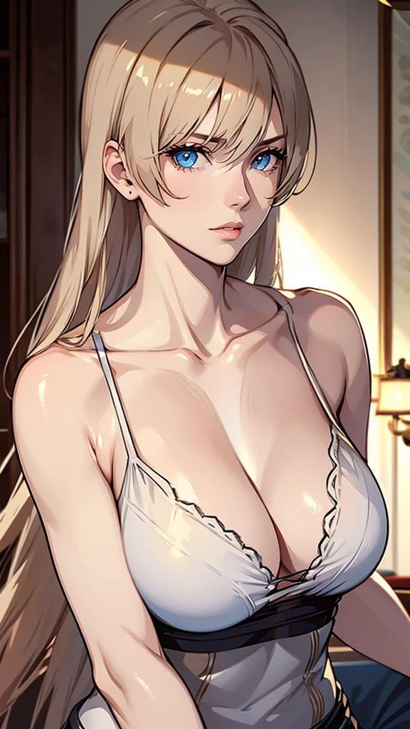 1girl, elegant mature, woman, upper body, broad shoulders, long hair, blonde, bang, blue eyes, camisole, home, soft light, JeanBartDefault