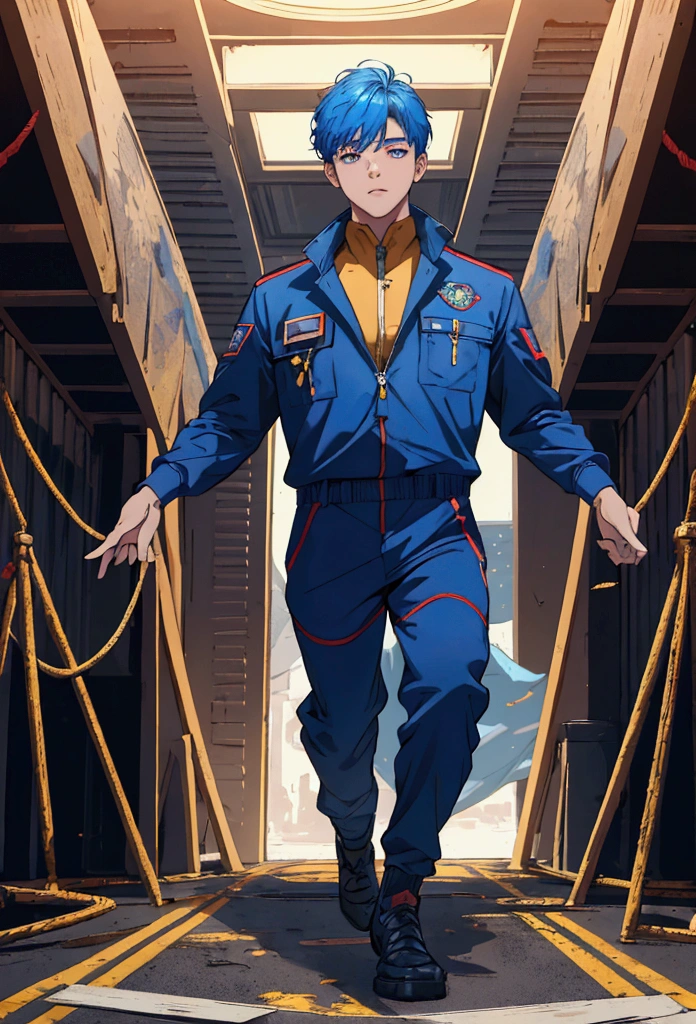 ((1boy)), super fine illustration, vibrant colors, absurdres extremely detailed CG, 8k wallpaper, (masterpiece:1.3), dynamic angle, dynamic pose, best quality, depth of field, cinematic lighting, ultra detailed, front-view, The president is rolling the car tires, blue jump suit, full body, center, looking at viewers,
