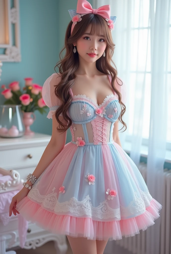 (Highest quality、masterpiece、8k、Best image quality、Hyperrealism、Award-winning works)、1 cute beautiful girl、(alone:1.1)、(1 photo:1.1)、(cute, Girlish, A high-end, sheer, light pink and light blue Lolita princess dress.:1.2)、(Cute girly big ribbon:1.1)、(Cute and luxurious hair accessories:1.1)、(A perfect see-through Lolita very short dress with attention to detail:1.3)、(A cute dress with frills and ribbons:1.1)、(cute lolita dress with lace decorations:1.1)、(Cute Girlish lolita wavy hair:1.1)、(Low length:1.1)、(height: 140cm:1.1)、(Very large breasts:1.5)、(Glamorous Body:1.5)、(Big cleavage:1.5)、(Pink Roses:1.1)、(cute heart symbol:1.1)、Cute Lots of frills、(Big cute ribbon:1.1)、Accentuate your body lines、Slender body、Standing Elegantly、(Pastel color Girlish and luxurious lolita room background:1.1)、(A fairytale lolita room with attention to detail:1.1)、(cute light blue decorative wall:1.2)、(cute room with a Girlish atmosphere in pastel colors:1.1)、(cute room with very bright and shiny pastel colors:1.4)、(A very bright and shiny room:1.2)、(Full of pastel colors:1.2)、(very bright and vivid:1.4)、(cute pastel color wall decoration:1.2)、Blurred Background、Standing Elegantly Girl、Accurate anatomy、(Perfect Makeup:1.1)、Long eyelashes、Glossy Lips、Ultra HD glossy skin、(Ultra-high definition, bright and beautiful skin:1.2)、(Super bright and radiant skin:1.2)、Ultra-high definition glossy lips、Ultra-high definition beautiful teeth、Light brown and blonde hair、Light brown eyes , beautiful legs, pink panties.