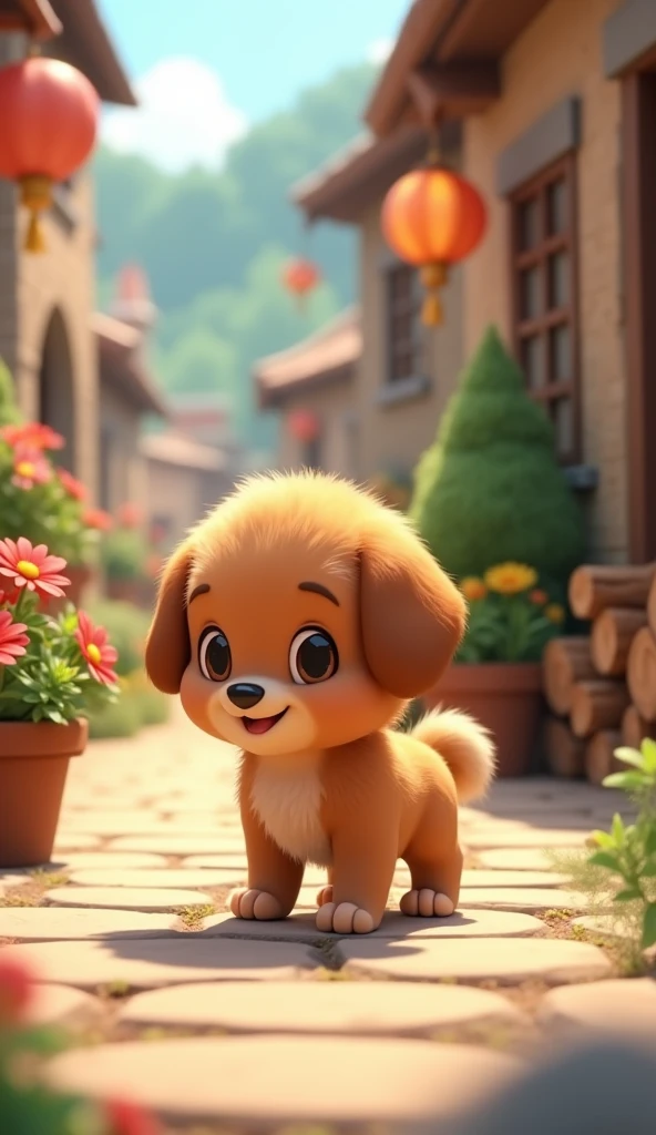 Cartoon anime 3D characters of The puppy is determined as he sniffs around the village, looking for the lost bell. He checks under a bench, beside a flower pot, and near a stack of firewood. His nose is close to the ground, showing his dedication.