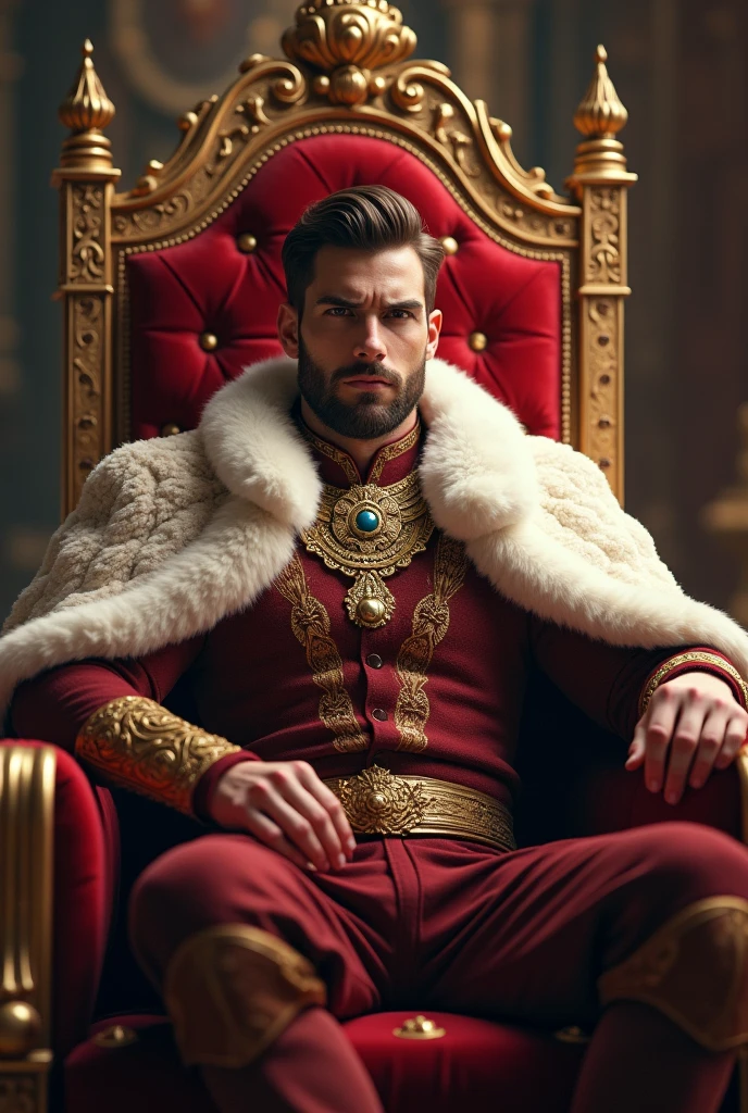 A handsome and young man has become a male king based on a kingdom and sits in the palace with a solemn face with a very strong alpha aura and wears a king&#39;s robe.. 