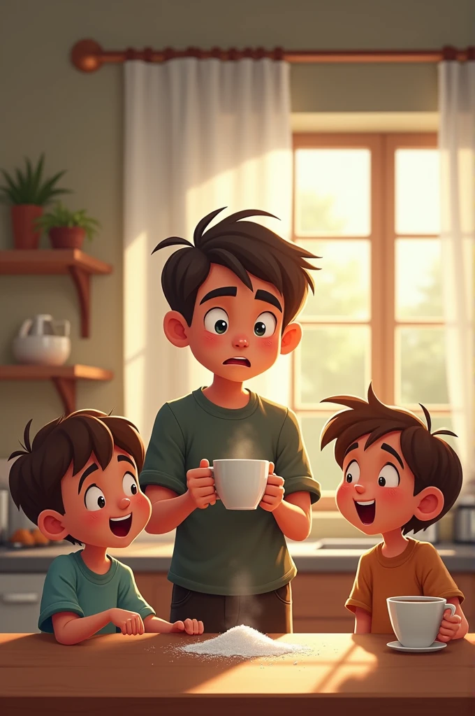 scene where the prank unfolds the next morning. Focus on the father’s reaction when he unknowingly adds salt to his coffee instead of sugar, and the siblings struggle to contain their laughter