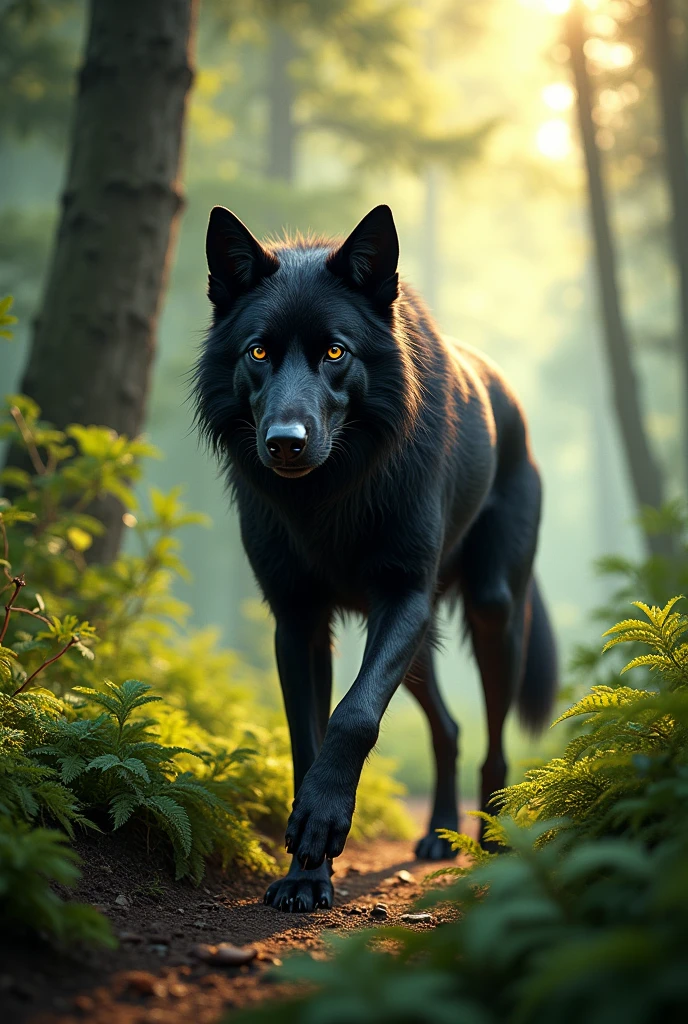 The long black dog walked into the forest.