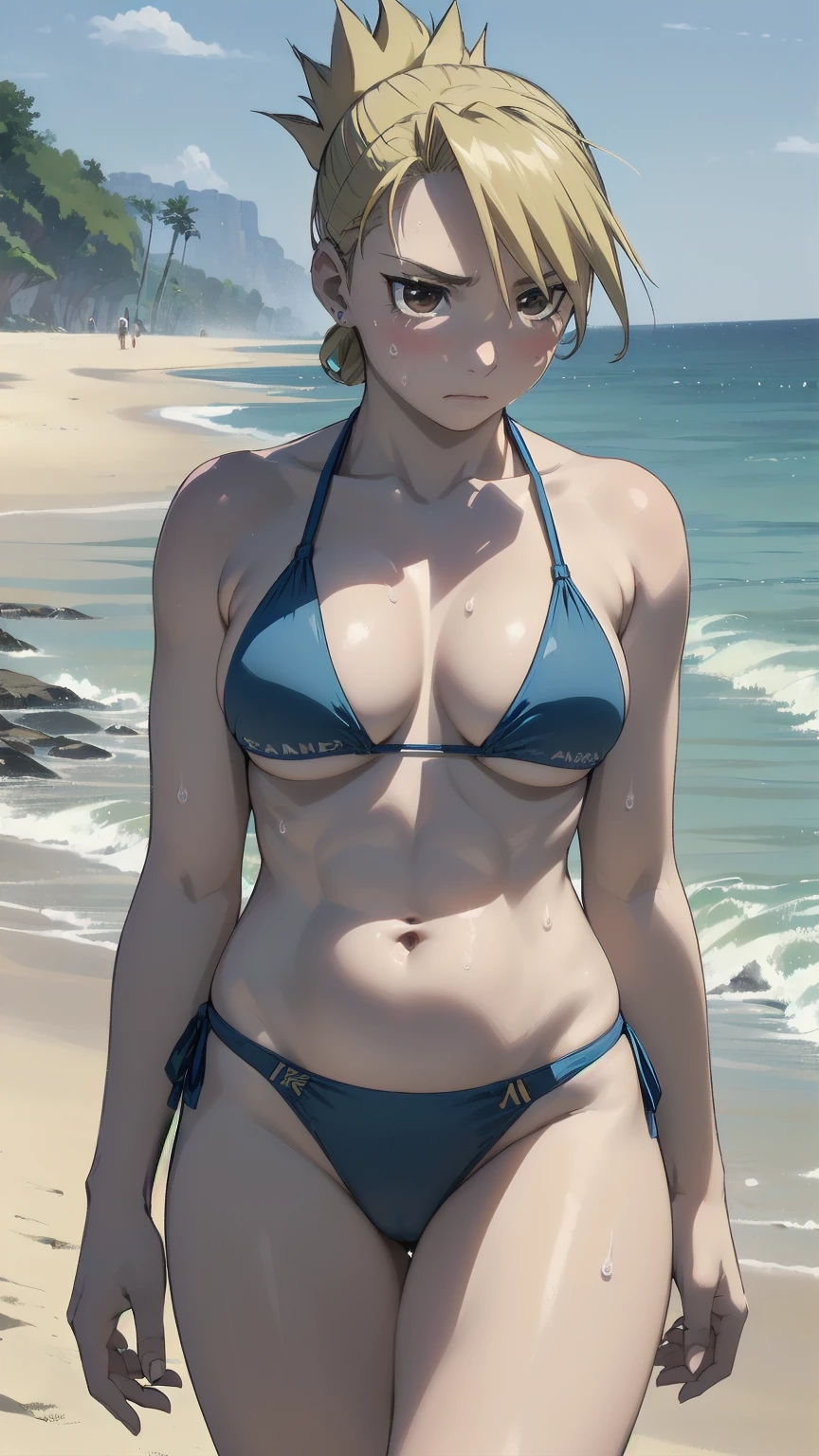 masterpiece, highest quality, High resolution, One Girl, Hamriz, ponytail, Brown eyes,big, Covered navel, Seaside、Sandy Beach、Muscular body、blush、Sweat、Composition from the front、アニメ、(((カウボーイショット、Big 、シャツを脱ぐ、恥じらい、オフショルダーわpubic hair、Light blue micro bikini、belly button、Sweat、Look forward)))