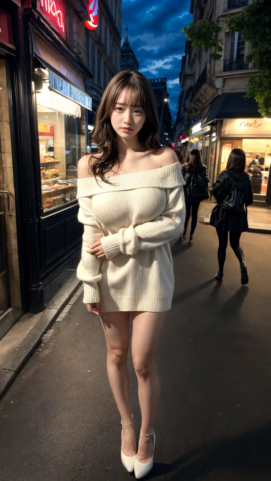(masterpiece), (best quality, highres, highly-detailed, illustration), 1girl, solo, city, contemporary, black wavy long hair, green eyes, beautiful detailed eyes, proportional face, big breast, huge breast, gigantic breast, she only wear a white off-the-shoulder sweater, high heel, 8k, trending on ArtStation, featured on Pixiv, paris, eifel tower, night, full body, perfect hands, perfect legs.