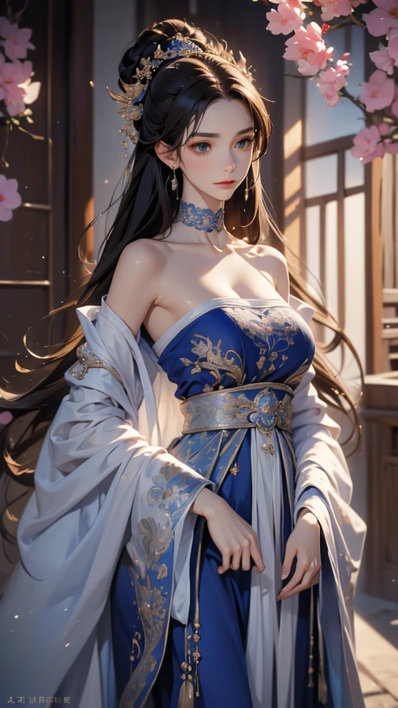 (masterpiece:1.3), ((Best quality at best)) , (disorganized:1.3), (highest quality:1.3),(perfect anatomy:1.5),Super detailed:1.3),(best shadow:0.7),(Ultra high resolution), extremely detailed texture, sharp focus, realistic lighting, cinematic quality, photorealistic details, smooth shading, fine grain, high dynamic range, 8K quality, exquisite clarity, A flowing robe in rich colors like emerald green, sapphire blue, or deep purple. The fabric is adorned with intricate embroidery of peonies, lotuses, and phoenixes, symbolizing beauty, purity, and nobility. The sleeves are wide and billowy, like clouds, adding an air of grace and elegance. The collar is high and gracefully frames the face, often decorated with delicate lace or pearls.