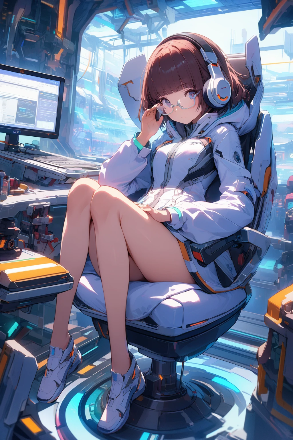 (extremely detailed fine touch:1.3), Vibrant colors, Soft tones, With warm and gentle lighting, girl, solo, (((silver semi-rimless eyewear:1.3))), (headphone:1.0), short hair, blunt bangs, full body, sitting Futuristic floating chair, chair with arms, Laptop resting on thigh, monitor arm, Faithfully recreates the gesture of putting on glasses, Futuristic, bare legs, shoes, Futuristic White coat, Science Fiction, Science Fiction Laboratory, Various research machines, Futuristic Under Research