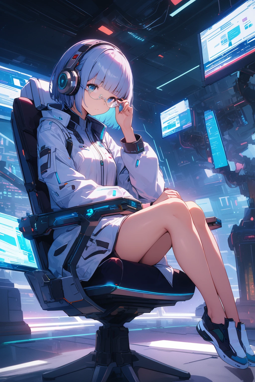 (extremely detailed fine touch:1.3), Vibrant colors, Soft tones, With warm and gentle lighting, girl, solo, (((silver semi-rimless eyewear:1.3))), (headphone:1.0), short hair, blunt bangs, full body, sitting Futuristic floating chair, chair with arms, Laptop resting on thigh, monitor arm, Faithfully recreates the gesture of putting on glasses, Futuristic, bare legs, shoes, Futuristic White coat, Science Fiction, Science Fiction Laboratory, Various research machines, Futuristic Under Research