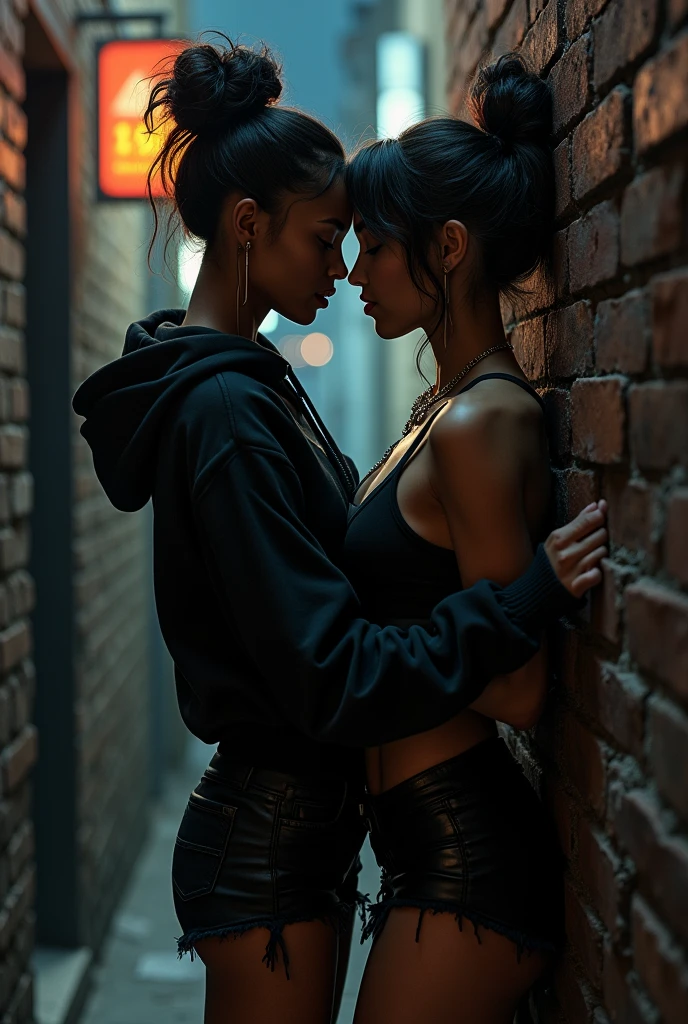 black woman hair in a bun black hoodie black leather short shorts and a old ugly woman making love against a alley brickwall at night very sexual