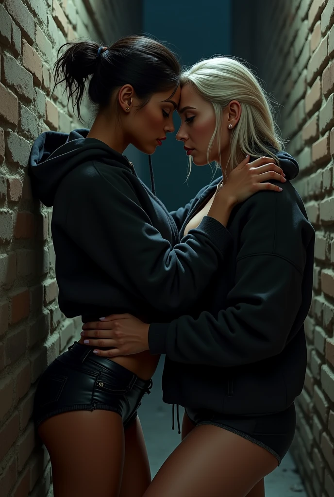 black woman hair in a bun black hoodie black leather short shorts and a old ugly woman making love against a alley brickwall at night    very sexual
