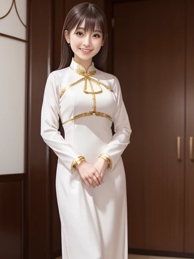 Japanese female, (underweight), (medium bust best quality:1.5), 30 years old, (cheerful grin:1.3),big city, Ao dai, full body shot