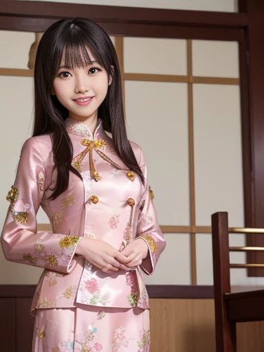 Japanese female, (underweight), (medium bust best quality:1.5), 30 years old, (cheerful grin:1.3),big city, Ao dai, full body shot