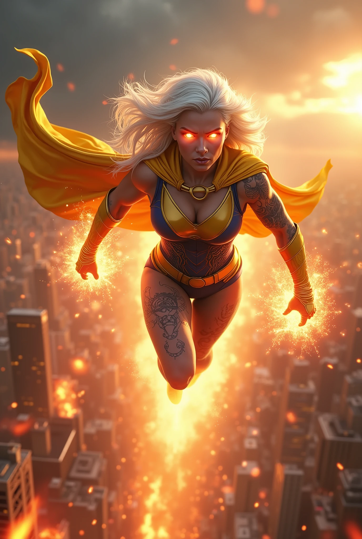 female superhero, tattooed, white hair, cape, gold blue super hero costume, blue skirt, flying heroically, cinematic shot, windy, heat vision, destruction, rage, heat vision projected from eyes, glowing eyes, shooting red hot laser beams from her eyes, short golden cape