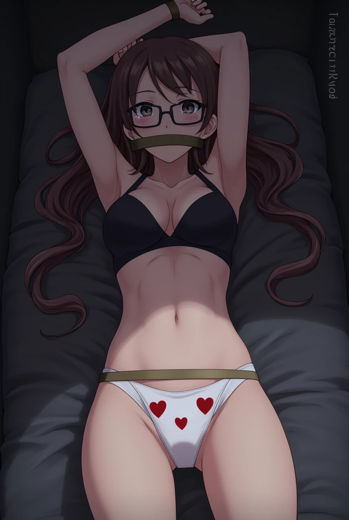 sekijou sawako, shibari, bondage, bound, brown hair, long hair, black eye glasses, arms up, stripped, best quality, ultra-detailed, high resolution, extremely detailed cg, unity 8k wallpaper, masterpiece, perfect body, anime picture, femsub, BDSM, hearts design white panty, black bra, small breasts, at night, lying down, in bed, dark room, teary-eyed, gagged, over the mouth gag, duct tape, Sekijou Sawako, gym storeroom, wrist tied up tight together behind her back, tied up legs, bracing