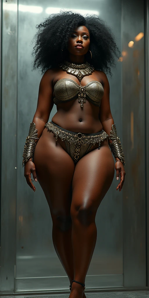 chained prisoner slave, african black milf, gigantic tits, curvy, hourglass, thick, big wide hips, in the dungeon, torches on the wall, rasta, chained hands up, hairy pubic, hairy armpit,