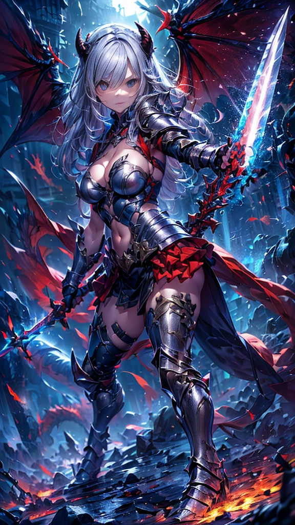 High resolution, high quality, high quality, full body, (tiger arms), (dragon legs), (devil wings), ((spear wielding)), dynamic pose, silver hair, semi-long, ((tough woman)), (divine armor)